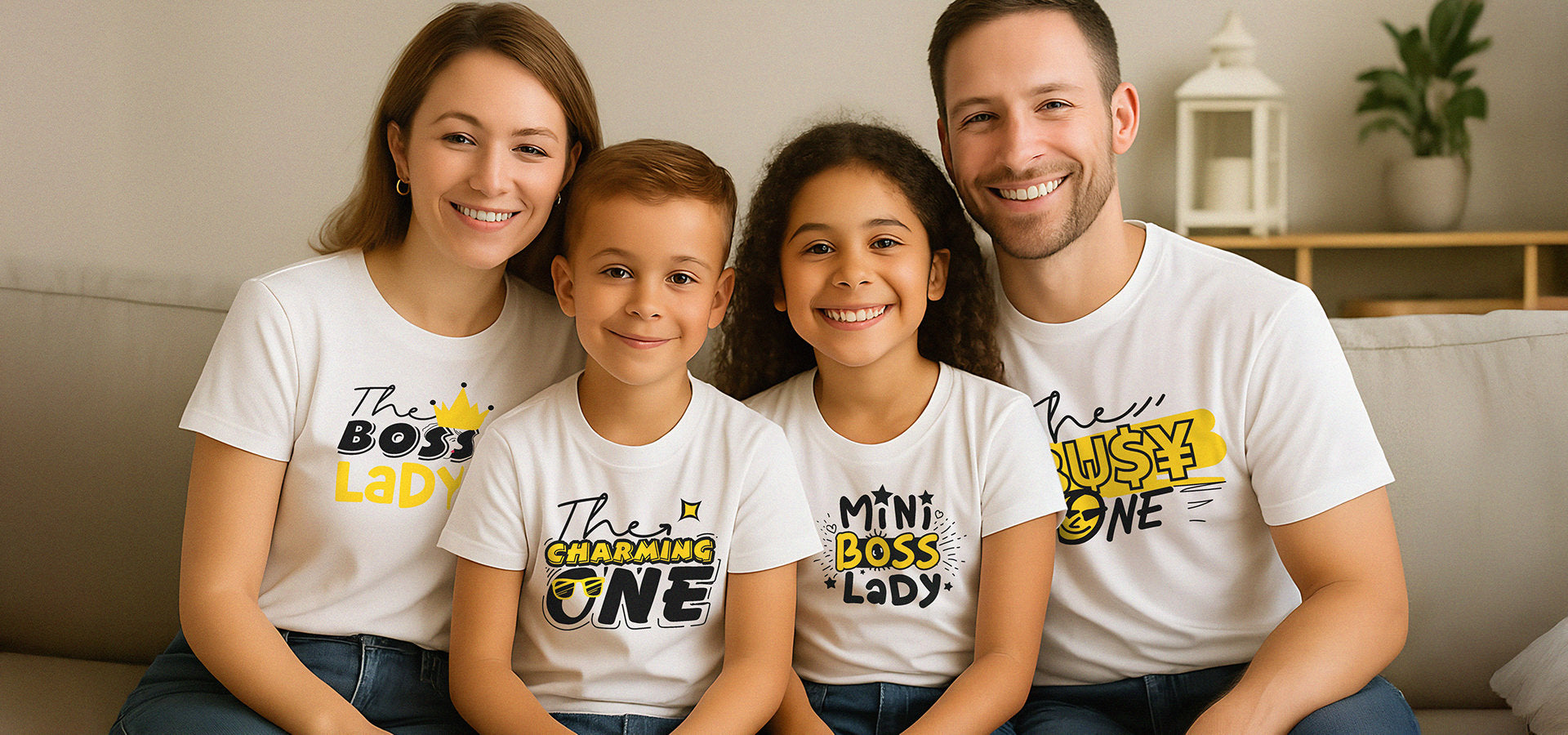 Family of four wearing matching t-shirts with humorous textslider_item_tmKEeY