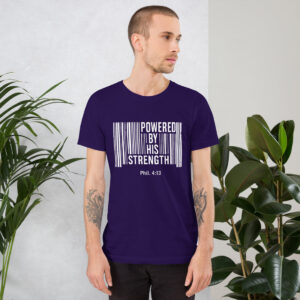 “Powered by His Strength” Unisex Christian T-Shirt - Barcode Tee, Faith-Based Streetwear