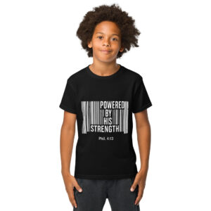 “Powered by His Strength” Unisex Faith-Based Youth T-shirt - Barcode Tee for Kids